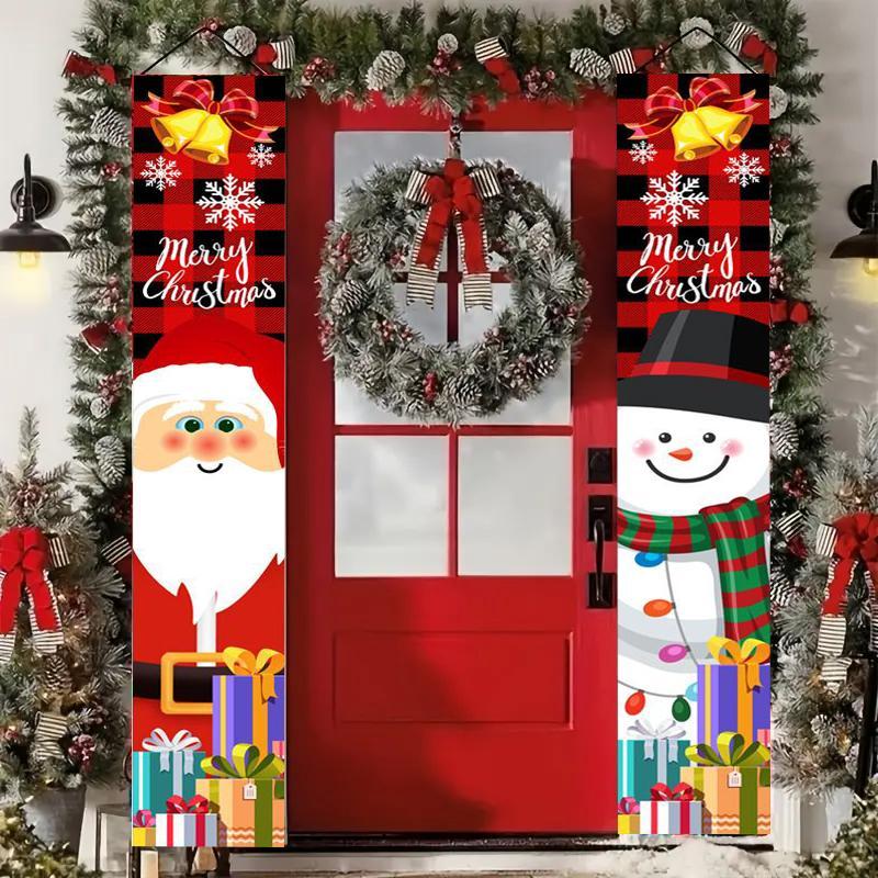 Christmas Clearance, 1 Pair Merry Christmas Door Banner Set - Santa & Snowman Porch Signs, Festive Indoor Outdoor Holiday Decorations for Home and Party