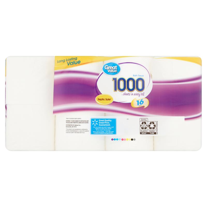 Great Value 1000 Bath Tissue Rolls, 16 Rolls - FREESHIP