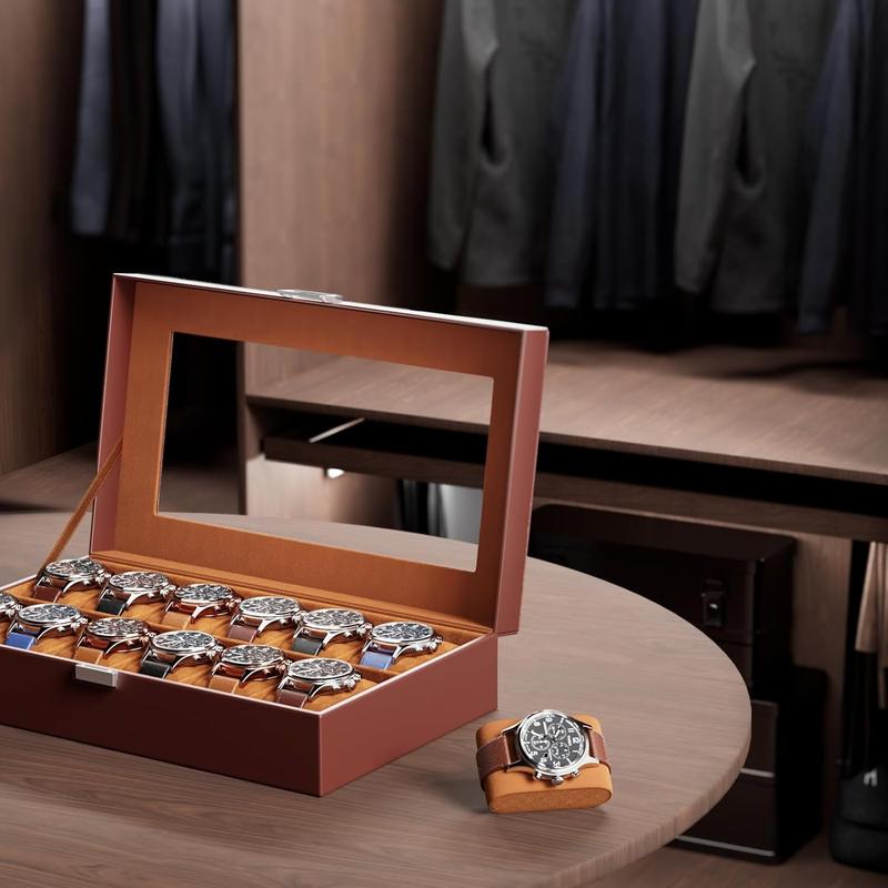 Watch Box Organizer for Men, 12 Slot Watch Display Case with Glass Lid, PU Leather Watch Storage Mens Watch Case, Watch Holder Organizer for Men Women -12 Slot, Brown