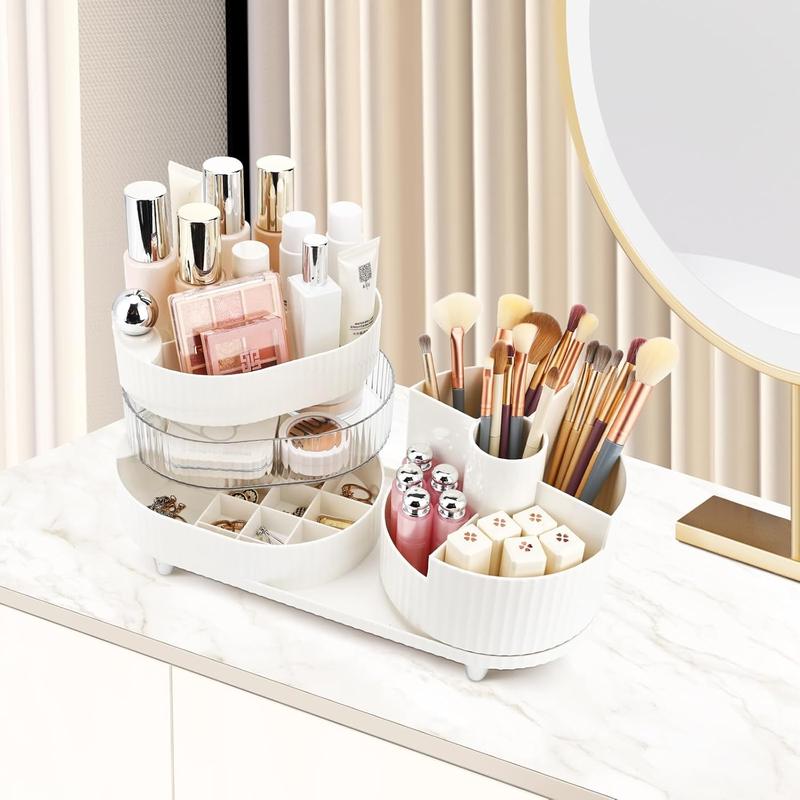 Rotating Makeup Organizer,3-Tier Spinning Makeup Countertop Organizer for Vanity with Makeup Brush Holder,Large Capacity Cosmetic Makeup Storage Organizer for Brush Lipstick Perfume Jewellry (White-3) storage  bins