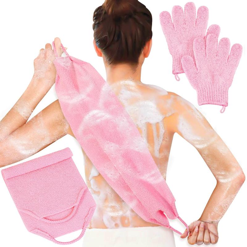 Set of Exfoliating Bath Gloves and Back Scrubber for Body and Face - Perfect for Showers and Baths (Pink)