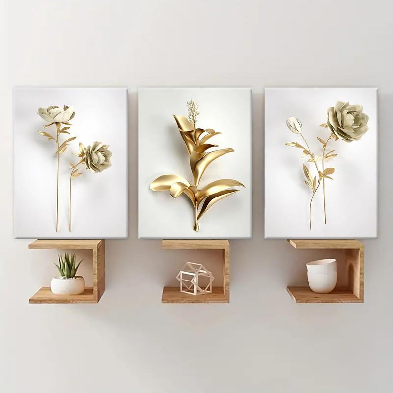 Wooden Framed Canvas Painting, 3 Counts set Modern Art Gold Flower Pattern Wall Art, Canvas Art Wall Decor for Home Living Room Bedroom Office, Wall Art Painting Room Decor