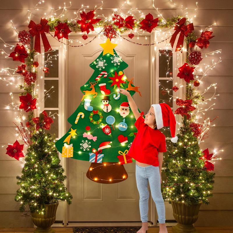 DIY Lighted Felt Christmas Tree Kit with Detachable Ornaments,String Light Xmas Tree Decoration Kids Santa Gift,Merry Christmas New Year Party Decor