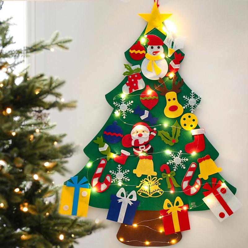 DIY Lighted Felt Christmas Tree Kit with Detachable Ornaments,String Light Xmas Tree Decoration Kids Santa Gift,Merry Christmas New Year Party Decor