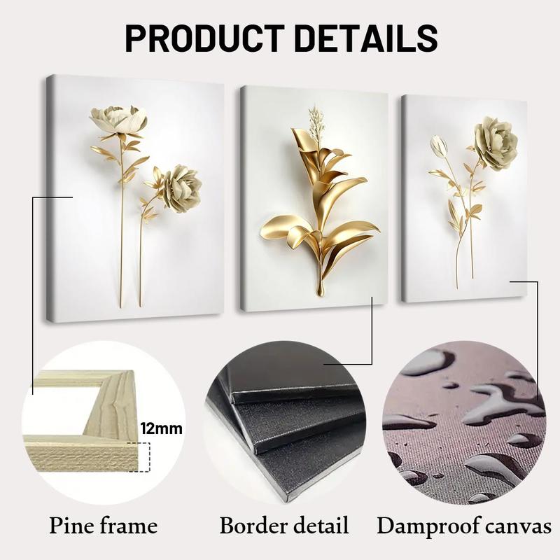 Wooden Framed Canvas Painting, 3 Counts set Modern Art Gold Flower Pattern Wall Art, Canvas Art Wall Decor for Home Living Room Bedroom Office, Wall Art Painting Room Decor