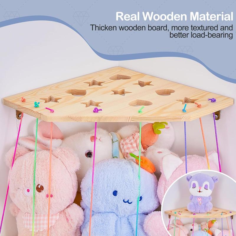 Stuffed  Storage Organizer with LED Light Corner Hanging Stuffed  Zoo Cage with Adjustable Height   Plushie  Storage Shelf for  Playroom Bedroom Wall Decor Rainbow