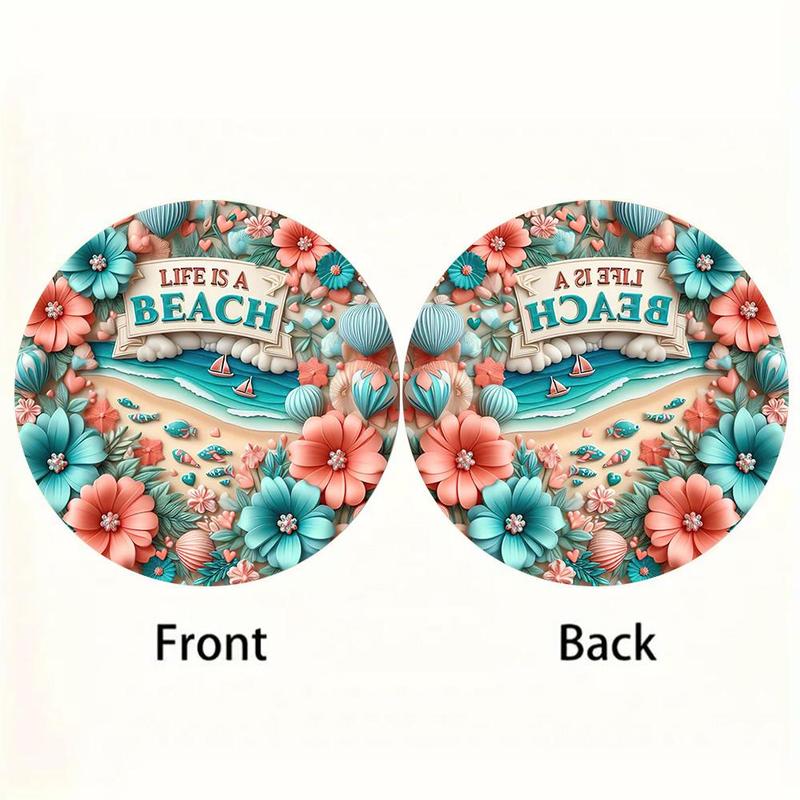 Flower & Letter & Beach Pattern Hanging Ornament, Round Shaped Double-sided Printed Hanging Decoration, Waterproof Hanging Pendant for Home Garden Party