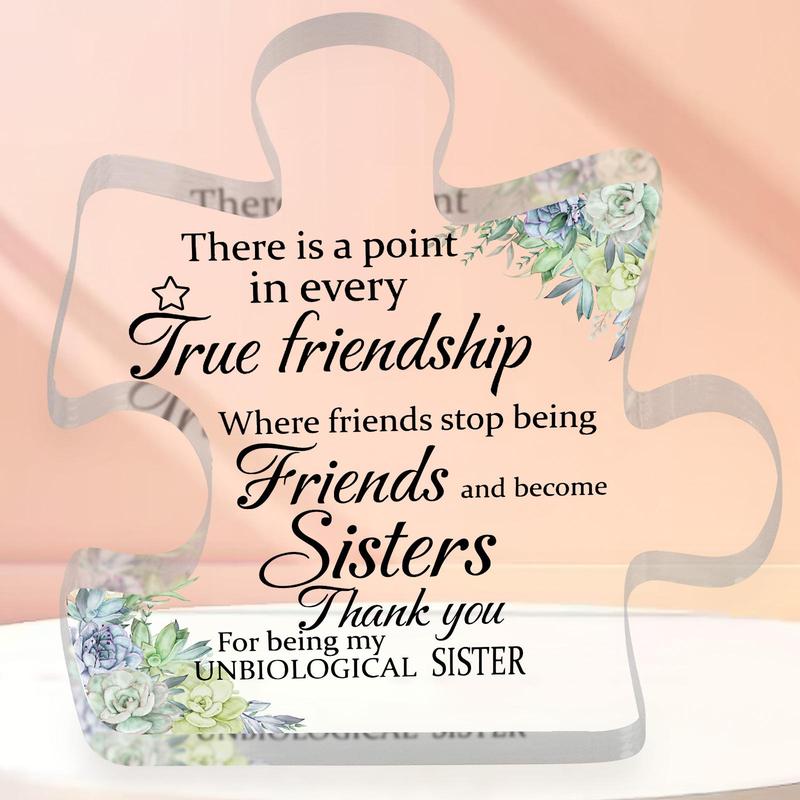 Flower & Letter Pattern Puzzle Shaped Acrylic Plaque, Creative Transparent Block Puzzle Acrylic Plaque, Friendship Gift for Sister