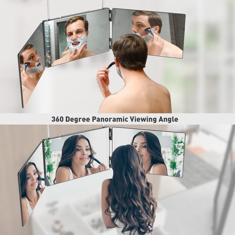 3 Way Trifold Haircut Mirror with Adjustable Telescoping Hooks, 360 Degree Mirror for Hair Cutting, Black