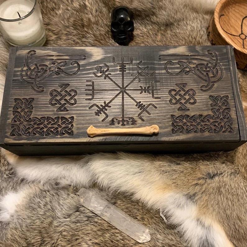 Vegvisir Incense Altar Box Norse Pagan Viking Heathen Nordic Knotwork Bone Handmade