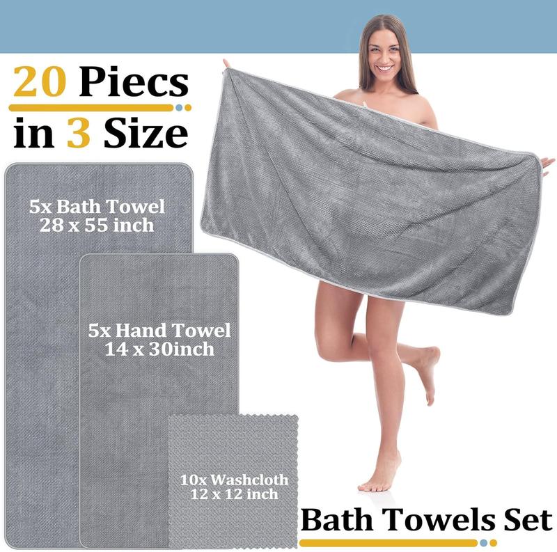 20 count Bath Towels Quick Dry Towel Set Included 5 Bath Towels 5 Hand Towels and 10 Washcloths, Absorbent Bathroom Towel Set Coral  Towel for Shower Spa Hotel (Light Gray)