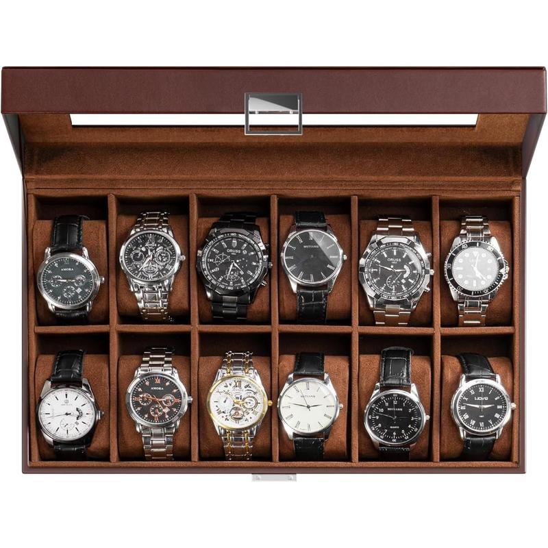 Watch Box Organizer for Men, 12 Slot Watch Display Case with Glass Lid, PU Leather Watch Storage Mens Watch Case, Watch Holder Organizer for Men Women -12 Slot, Brown