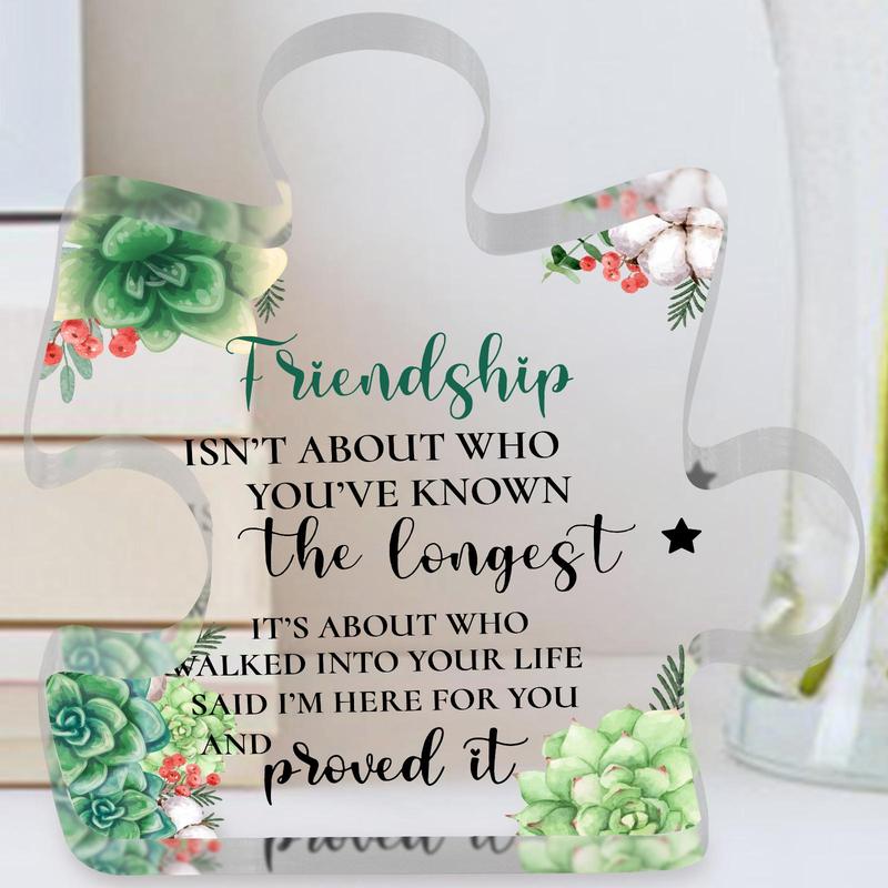 Flower & Letter Pattern Puzzle Shaped Acrylic Plaque, Creative Transparent Block Puzzle Acrylic Plaque, Friendship Gift for Sister