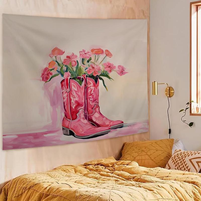 Pink Western Tapestry, Hot Pink Preppy Western Cowgirl Boots Tapestry Wall Hanging for Teen Girls Room Bedroom College Dorm, Cowgirl Room Decor, Pink Room Wall Decor Aesthetic, 50x60 Inches