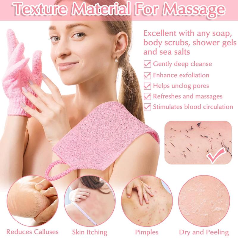 Set of Exfoliating Bath Gloves and Back Scrubber for Body and Face - Perfect for Showers and Baths (Pink)