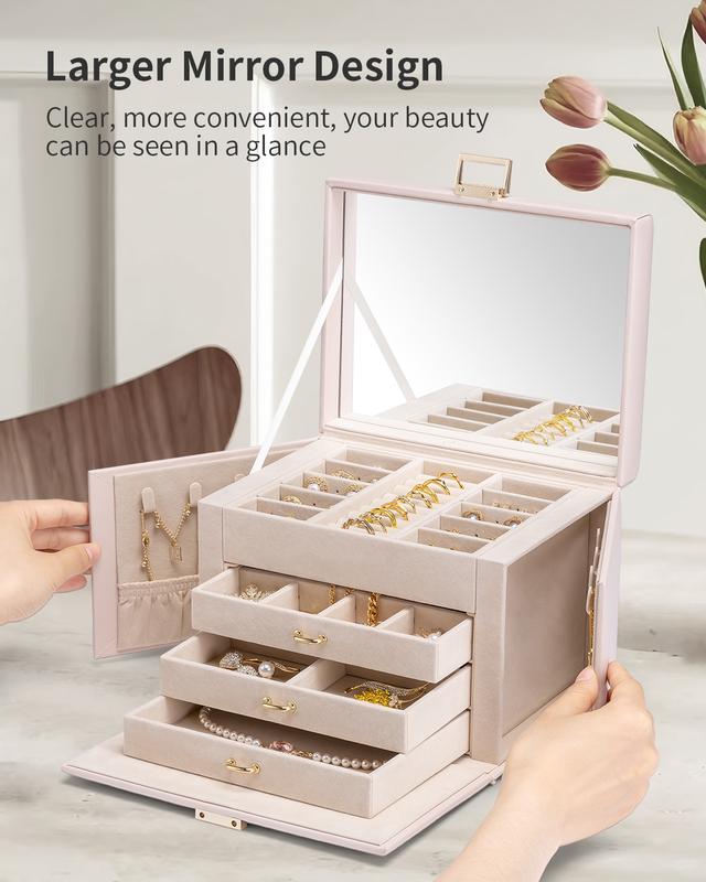 VLANDO Jewelry Box 4-Tier,Jewelry Boxes & Organizers with Handle,3 Drawers Travel Jewelry Case with Mirror,Jewelry Storage,Earrings Necklace Rings Christmas Gift for Women