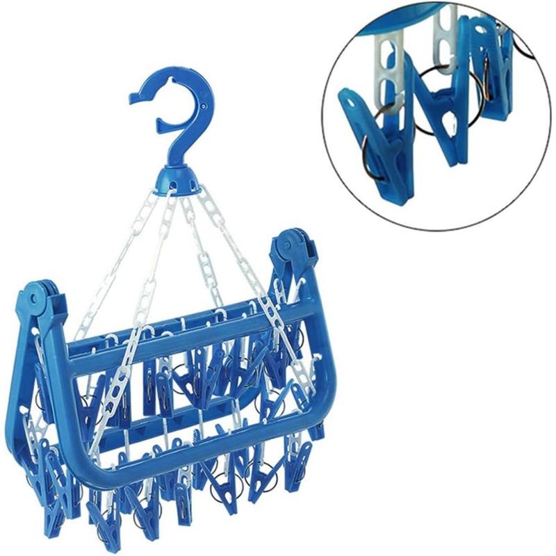 Foldable Clip and Drip Hanger with 32 Clips - Plastic Hanging Drying Rack for Clothes Underwear Socks (Blue) Organiser