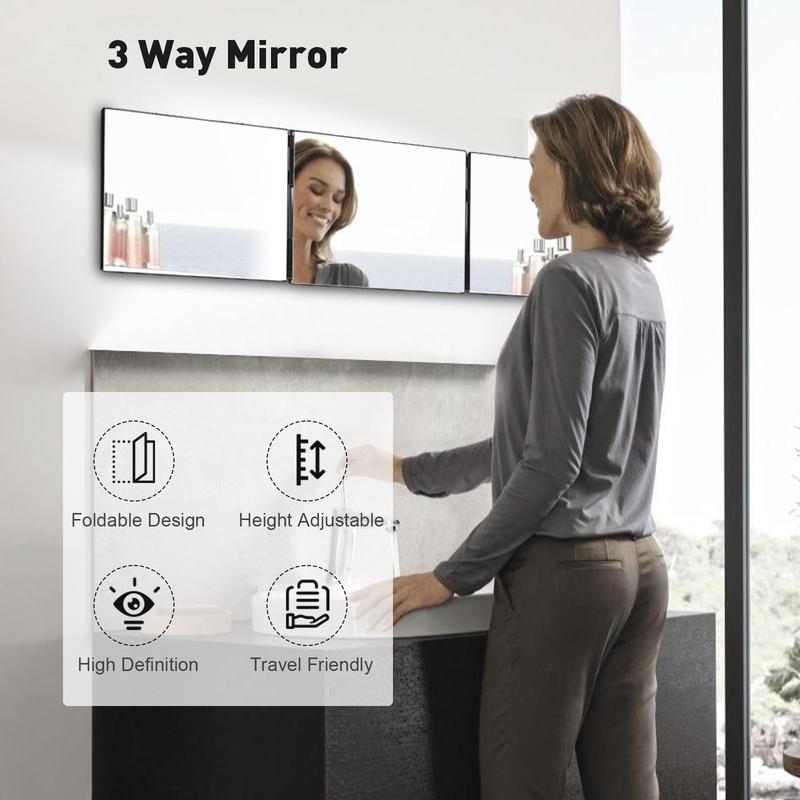 3 Way Trifold Haircut Mirror with Adjustable Telescoping Hooks, 360 Degree Mirror for Hair Cutting, Black