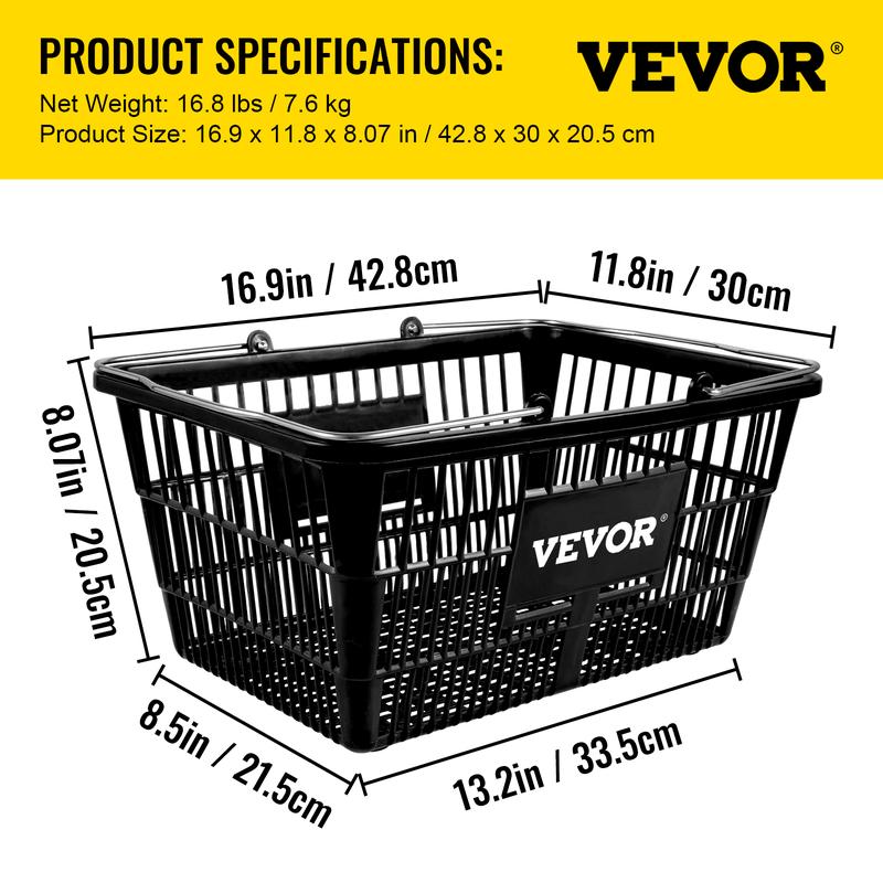 VEVOR Shopping Basket, Set of 12 Black, Durable PE Material with Handle and Stand, Basket Dimension 16.9\