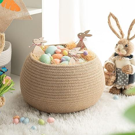 Goodpick Cute Round Basket - Cotton Rope Jute Baskets in Living Room Woven Towel Basket, Bedroom Storage Bakset Organiser, Corner Plant Basket Indoor, 10