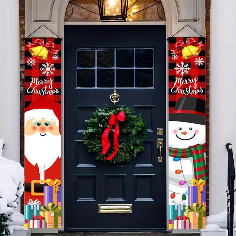 Christmas Clearance, 1 Pair Merry Christmas Door Banner Set - Santa & Snowman Porch Signs, Festive Indoor Outdoor Holiday Decorations for Home and Party