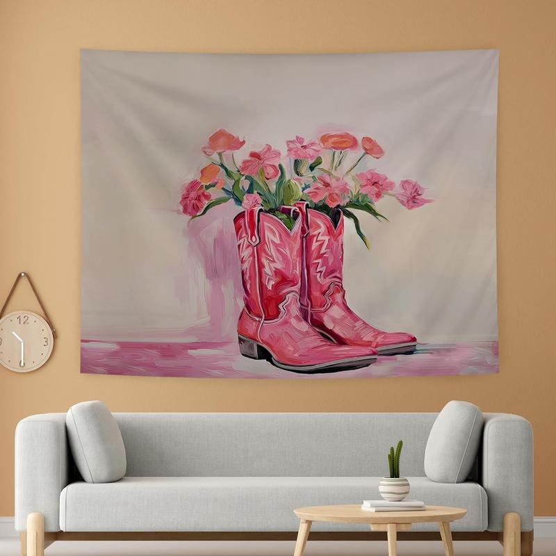 Pink Western Tapestry, Hot Pink Preppy Western Cowgirl Boots Tapestry Wall Hanging for Teen Girls Room Bedroom College Dorm, Cowgirl Room Decor, Pink Room Wall Decor Aesthetic, 50x60 Inches