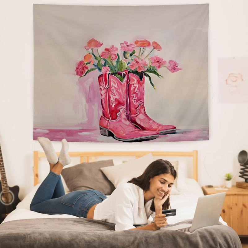 Pink Western Tapestry, Hot Pink Preppy Western Cowgirl Boots Tapestry Wall Hanging for Teen Girls Room Bedroom College Dorm, Cowgirl Room Decor, Pink Room Wall Decor Aesthetic, 50x60 Inches