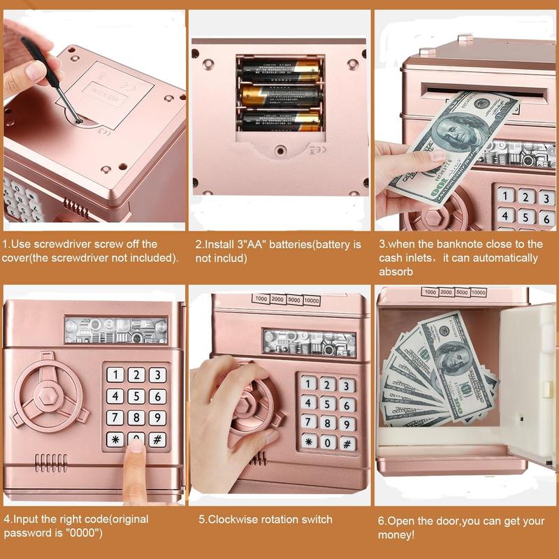 Piggy , Mini ATM Password Money    Saving Box for , Cartoon Safe  Box   Gifts for Boys Girls (Rose )