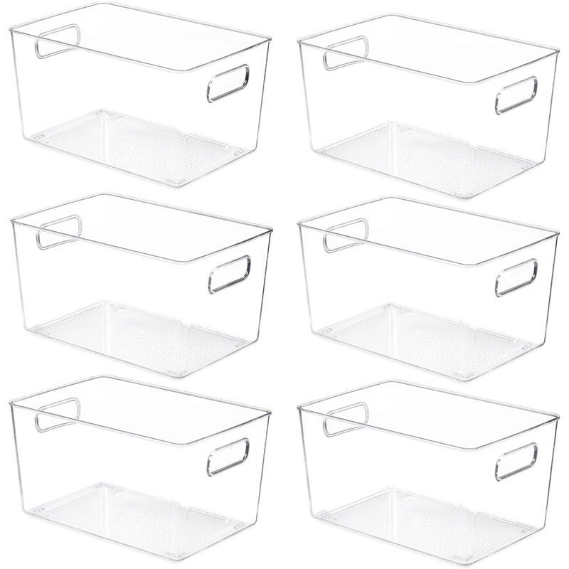 Limited time Deal-6 Pack Clear Pantry Organizer Bins with Handle for Kitchen, Freezer, Cabinet, Closet, Bathroom Under Sink Storage Boxes