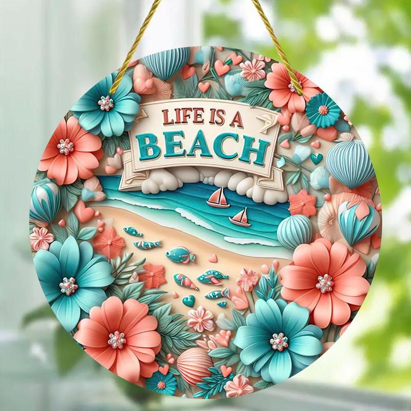 Flower & Letter & Beach Pattern Hanging Ornament, Round Shaped Double-sided Printed Hanging Decoration, Waterproof Hanging Pendant for Home Garden Party