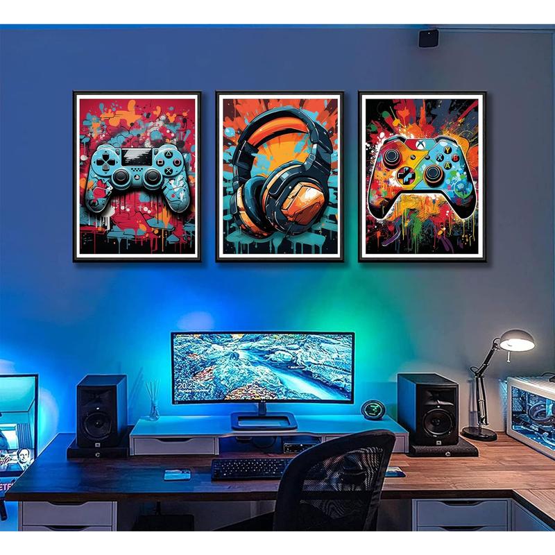 3Pcs Cool Gaming Wall Art Retro Video Game Watercolor Posters Pictures Colorful Neon Gamepad Canvas Painting Prints for Boys Room Kids Game Room Bedroom for Boys Home Decoration 12X16In Unframed NBYARTQ