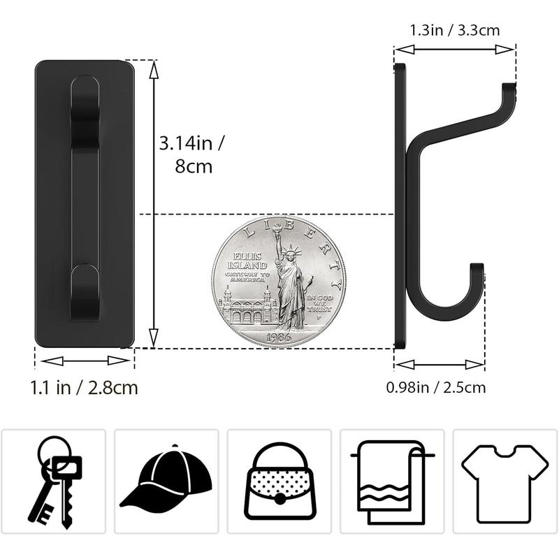 pickpiff Door Hook, Extra Sticky 10LB (Max), Stainless Holder for Hanging Towel, Coat, Cloth, Purse, Hat, Key, Black Wall Mounted Self-Adhesive Hanger for Shower Kitchen Bathroom Heavy Duty