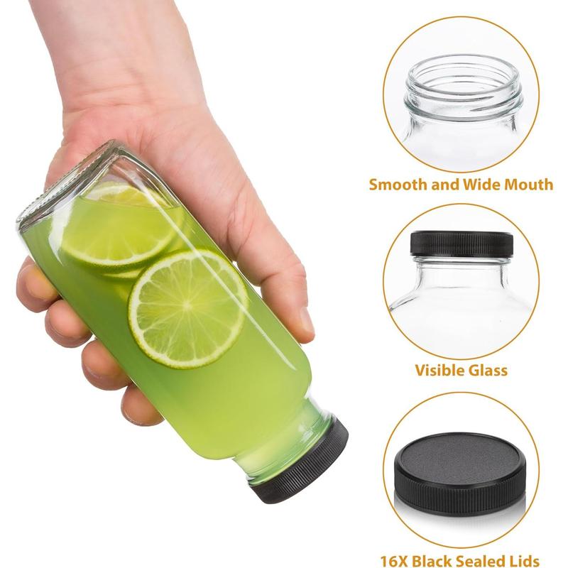 Juice Bottles with Lids, 16 Oz - Set of 3 - Clear Glass Jars with Caps - Reusable Empty Drink Containers for Juicing, Smoothies, Water, Milk, Kombucha Storage, Wellness Shots and More (3) Organiser Canister Tin