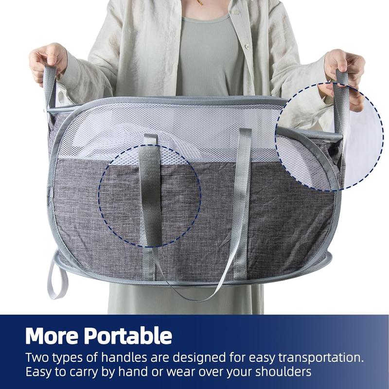 Collapsible Laundry Basket, Foldable Pop Up Laundry Hamper with Reinforced Handles, Horizontal & Tear Proof Mesh Dirty Clothes Hamper for Laundry (Gray)