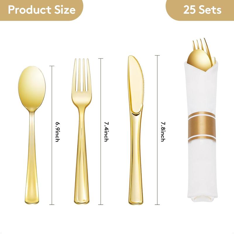 25 Pack Pre Rolled Gold Plastic Silverware, Wrapped Plastic Cutlery Set with Napkin Include 25 Forks, 25 Knives, 25 Spoons and 25 Napkins, Fancy Disposable Silverware for Party, Wedding