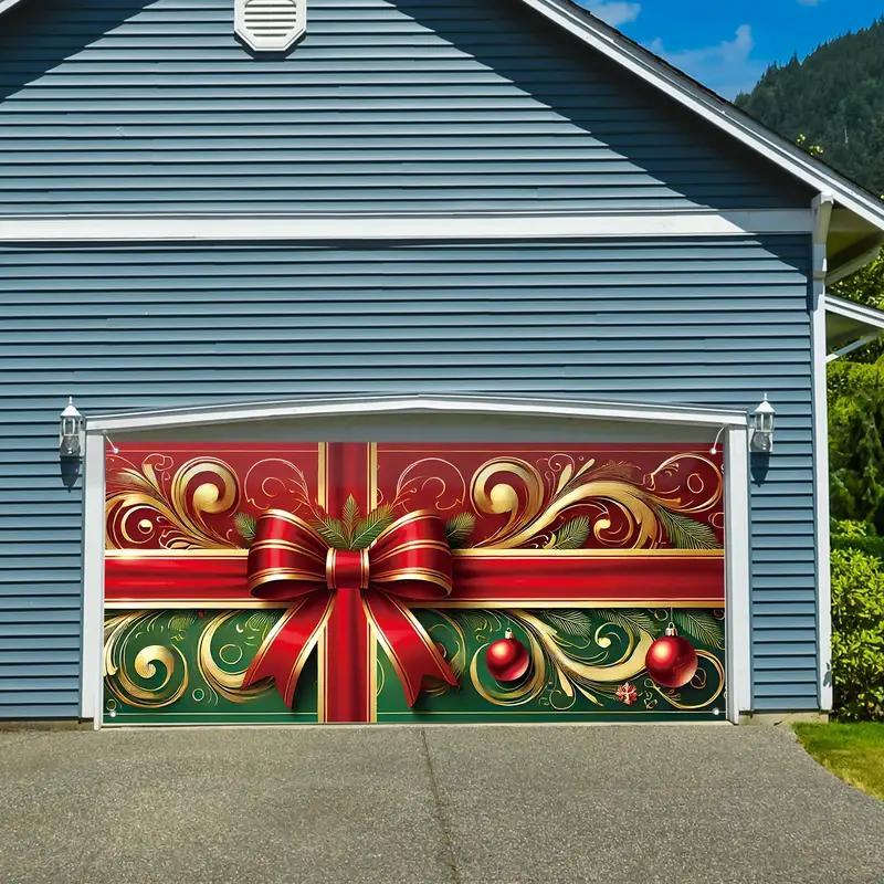 Christmas Themed Garage Door Cover, 1 Count Bow Pattern Waterproof & Windproof Garage Door Banner, Festive & Party Decoration Supplies, Banners Decorations