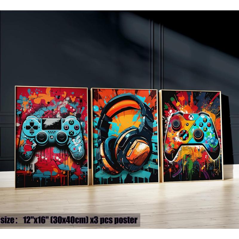 3Pcs Cool Gaming Wall Art Retro Video Game Watercolor Posters Pictures Colorful Neon Gamepad Canvas Painting Prints for Boys Room Kids Game Room Bedroom for Boys Home Decoration 12X16In Unframed NBYARTQ