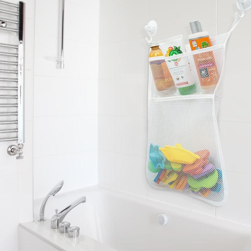 Bathroom Storage Mesh Bag with Suction Cups, 1 Count Hanging Mesh Bath Toys Storage Bag for Kids & Babies, Multi-purpose Large Capacity Bath Toys Storage Bag