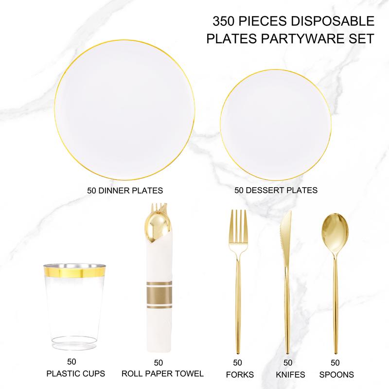 350pcs for Christmas Party Plates Set,  50 Dinner Plates, 50 Salad Plates, 50 Pre-Rolled Napkins, 50 10OZ Gold Plastic Cups, 50 Disposable knives, forks, spoons dinner plate Tableware