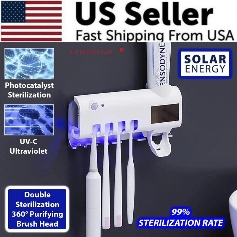 UV Light Sterilizer Toothbrush Holder with Automatic Toothpaste Dispenser and Additional Storage Hooks - White - Cover