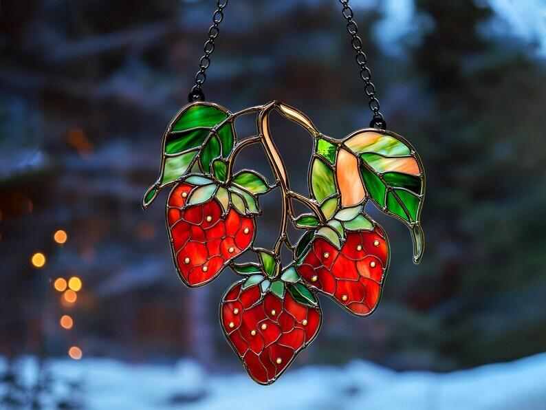 Faux Stained Glass Strawberry Suncatcher, Window Hanging Ornament with Leaves, Perfect Housewarming Gift, Floral Acrylic Decor