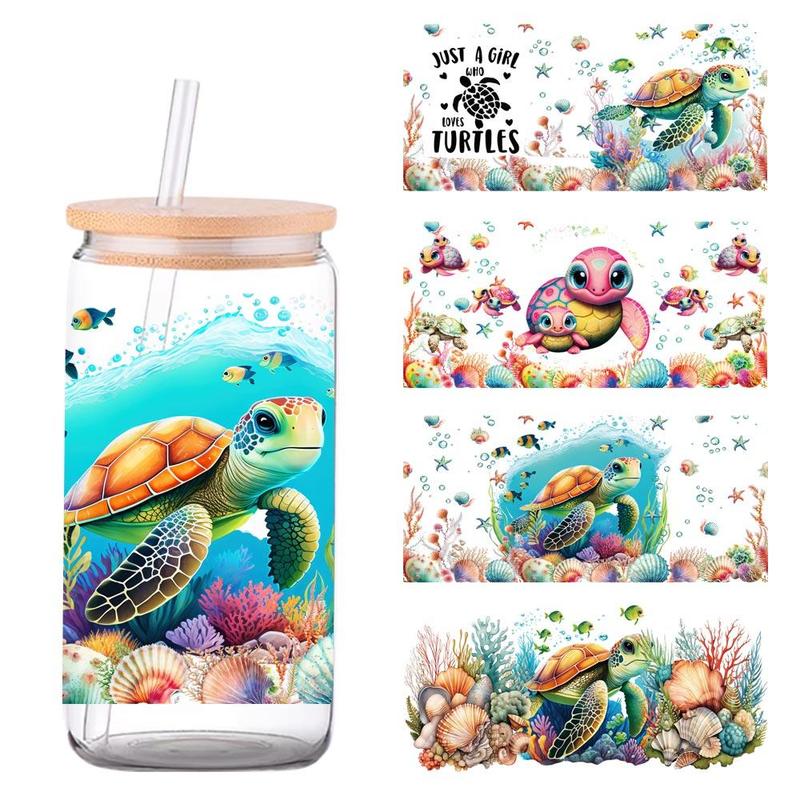 Sea Turtle Pattern Glass Can Wrap Stickers, 4 Counts set Self Adhesive UV DTF Transfers Sticker for DIY Water Bottle, Coffee Cup, Glass Jar, Waterproof Decorative Decals