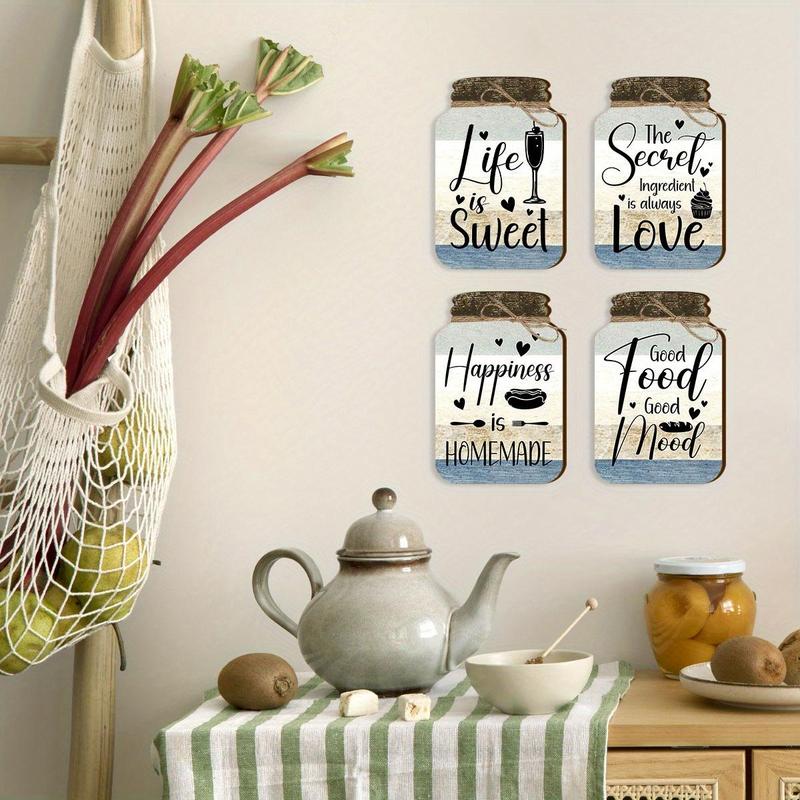 Mason Jar Design Wall Decor, 4 Counts set Letter & Food Pattern Wooden Hanging Sign, Wall Art Decor for Home Living Room Bedroom