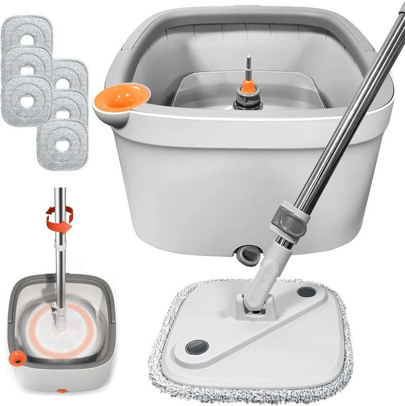 Spin Mop and Bucket Set with Self Separation Dirty and Clean Water System Self Wringing 360? Rotating Clean Mop-Head for Hardwood Tile Marble Floors with 6Pads-Grey