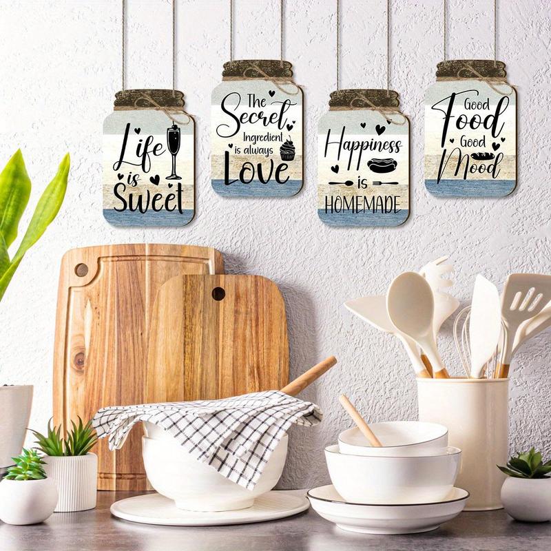 Mason Jar Design Wall Decor, 4 Counts set Letter & Food Pattern Wooden Hanging Sign, Wall Art Decor for Home Living Room Bedroom