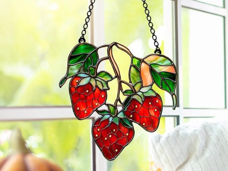 Faux Stained Glass Strawberry Suncatcher, Window Hanging Ornament with Leaves, Perfect Housewarming Gift, Floral Acrylic Decor