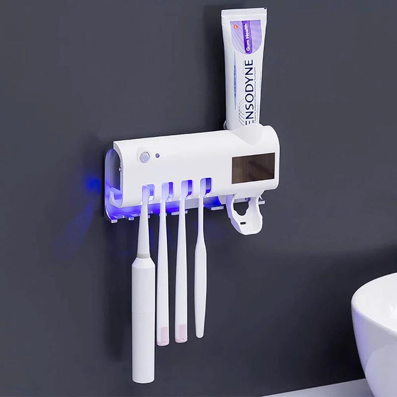 UV Light Sterilizer Toothbrush Holder with Automatic Toothpaste Dispenser and Additional Storage Hooks - White - Cover