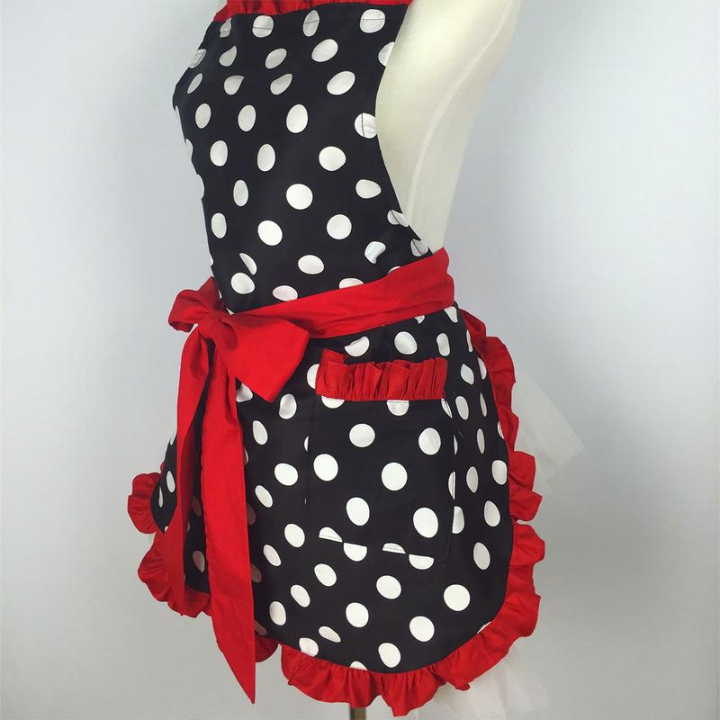 Cute Apron Retro Polka Dot Aprons Ruffle Side Vintage Cooking Aprons with Pockets Adjustable Kitchen Aprons for Women Girls Waitress Chef Mother's Day Gift(Red)