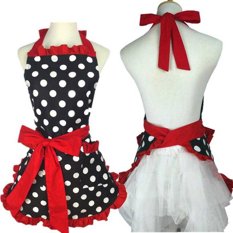 Cute Apron Retro Polka Dot Aprons Ruffle Side Vintage Cooking Aprons with Pockets Adjustable Kitchen Aprons for Women Girls Waitress Chef Mother's Day Gift(Red)