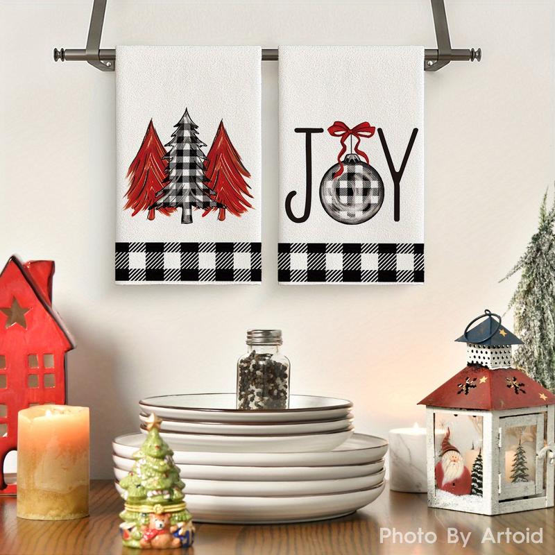 Buffalo Plaid Xmas Trees Joy Christmas Kitchen Towels Dish Towels, 18x26 Inch Seasonal Winter Room Funky Home Decoration Hand Towels Set of 2